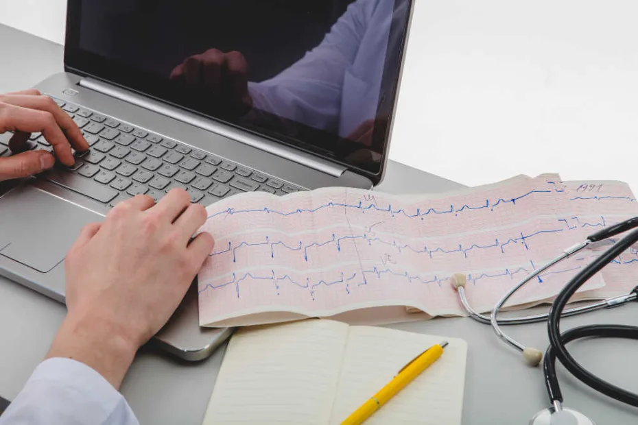 lekarz kardiolog wpisuje dane pacjenta do komputera